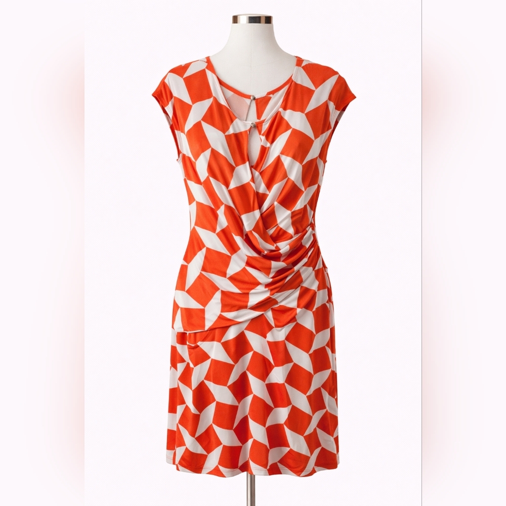 New York & Company Orange and White Geometric Ruched Dress